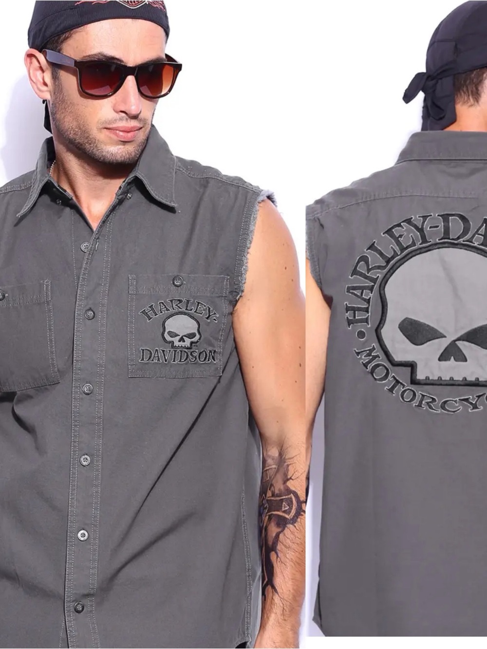 Harley-Davidson Men's Sleeveless Button-Up Gray Skull Shirt Size XL